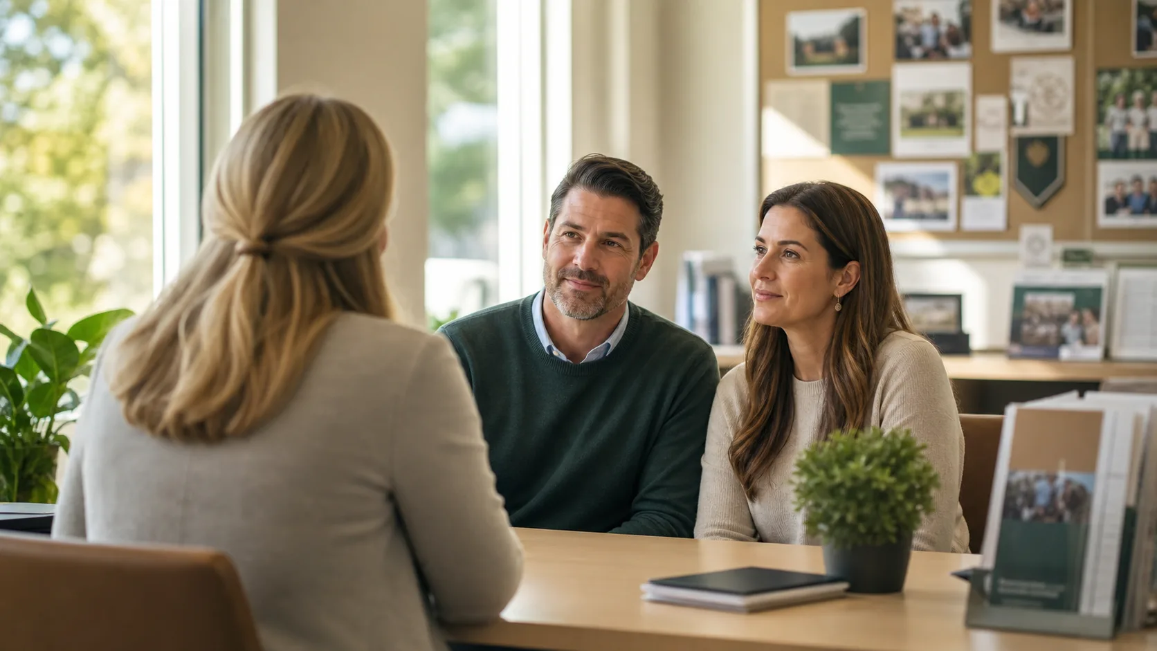 Admissions director meeting with prospective parents in a private school office.