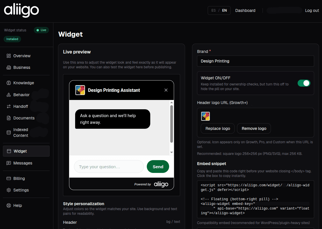 Aliigo Business Agent and AI representative for business websites dashboard and widget