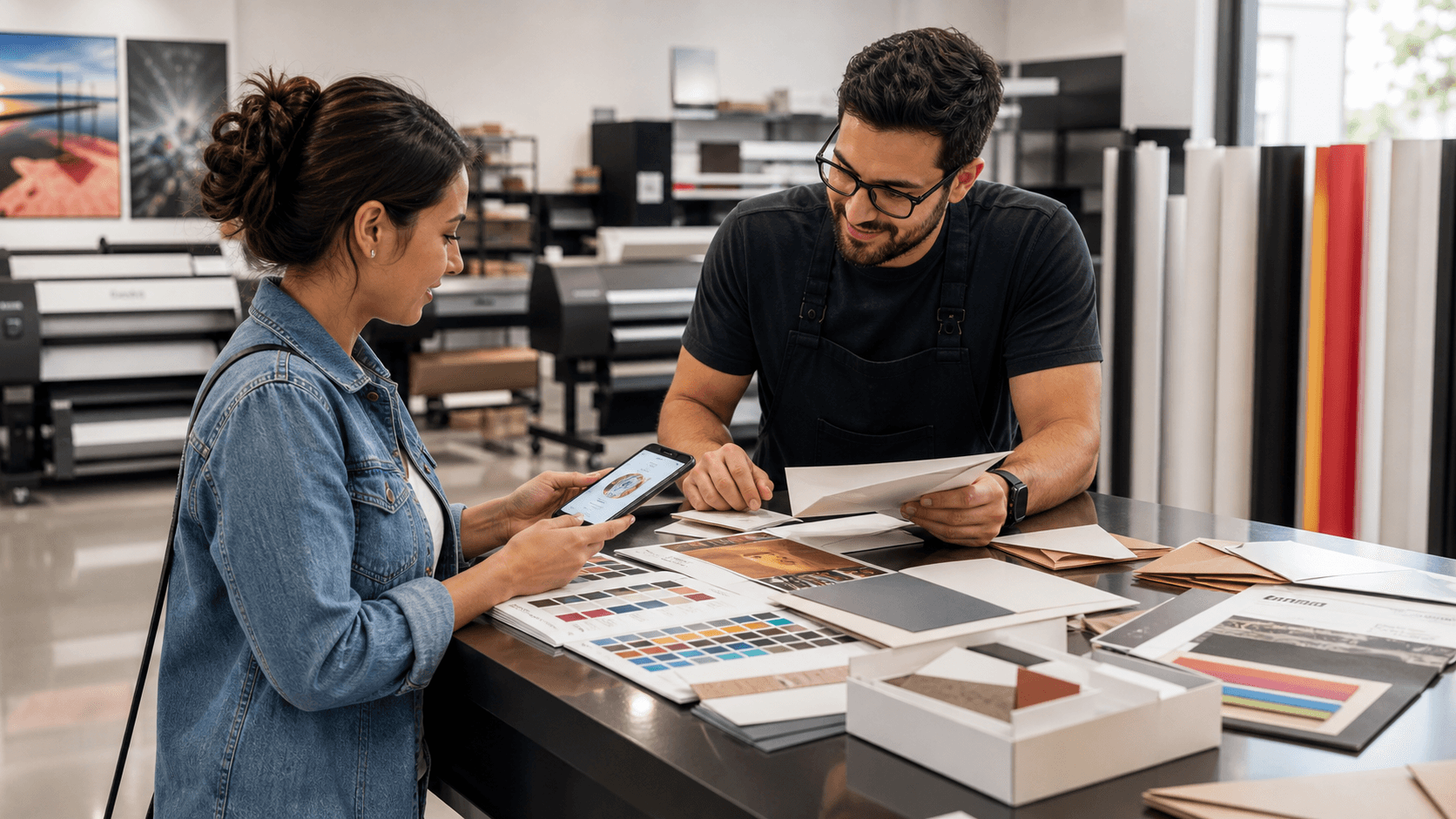 Print buyer and print specialist reviewing paper samples and quote details